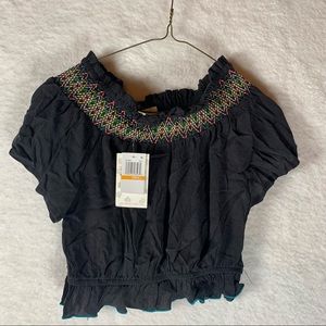 Miken Womens Swim Cover Up Crop Top Black Off Shoulder Smocked Embroidered S New